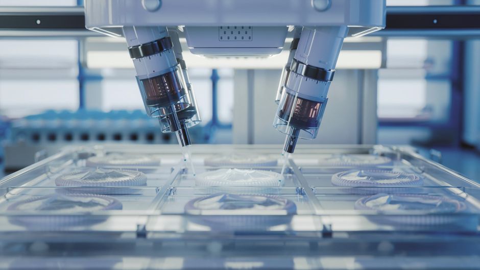 Bioprinting Technology Concept. Advanced Medical Printer Producing Artificial Heart Valves with Biopolymers. Futuristic Laboratory. Bioprinting Technology Concept. Advanced Medical Printer Producing Artificial Heart Valves with Biopolymers. Futuristic Laboratory.