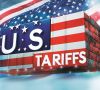 U.S. Tariffs depicted with flag-themed design showcasing trade i US Flagge mit Containern im Hintergrund