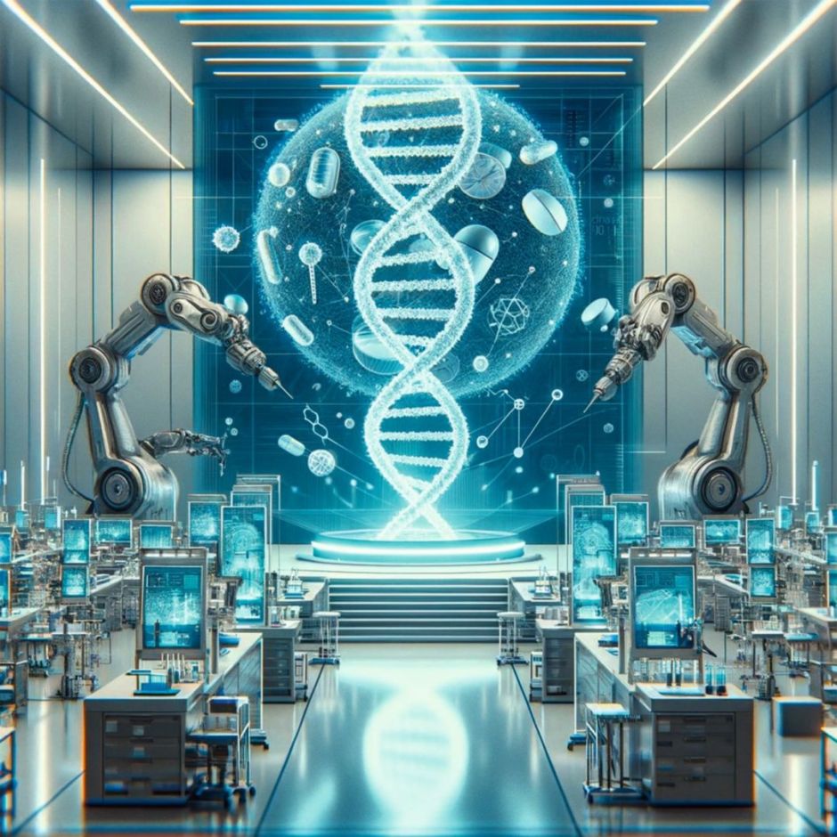 Grafik mit Robotern und DNA in Labor