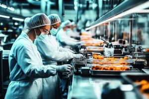 Arbeiter in Schutzkleidung während der Produktion von Lebensmitteln an einem Tisch