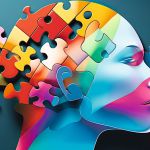 Ein Puzzle mit Teilen, die über einen Kopf fliegen.