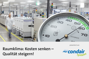 Whitepaper Condair - Wie beeinflusst das Raumklima Ihre Produktion? Dieses Whitepaper unterstreicht die Bedeutung des Raumklimas für die Qualität und Effizienz von Produktionsprozessen. Es zeigt auf, wie Unternehmen durch die Kontrolle von Temperatur und Luftfeuchte Produktionskosten einsparen, die Produktqualität steigern und die Gesundheit und Zufriedenheit ihrer Mitarbeiter fördern können.