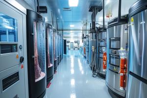 A state-of-the-art laboratory with bioreactors cultivating lab-grown meat showcasing the cultivation tanks and scientific equipment used to grow meat from cells emphasizing the technologys