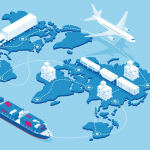 Weltkarte die Lieferkette mit Flugzeug, Lkw und Containerschiff zeigt Golden Sikorka - stock.adobe.com