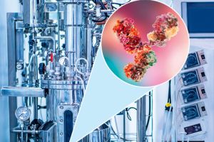Bioreaktor mit einem vergrößert dargestellten Antikörper; Biotechnologie, Biopharmazie, Biopharmazeutika, Biosimilars, Biologicals